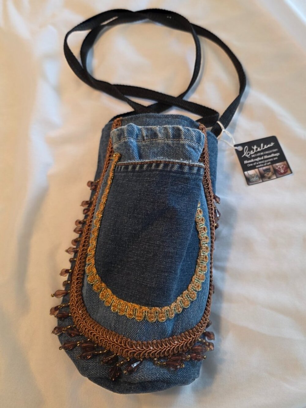 Catalano Blue Jean Denim Crossbody Bag Handmade Purse Beaded Boho Hippie Artsy